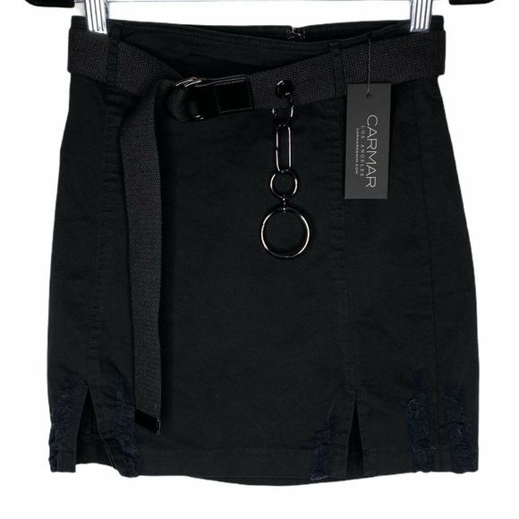 NEW Carmar Black Distressed Skirt Belted Metal - Picture 1 of 4